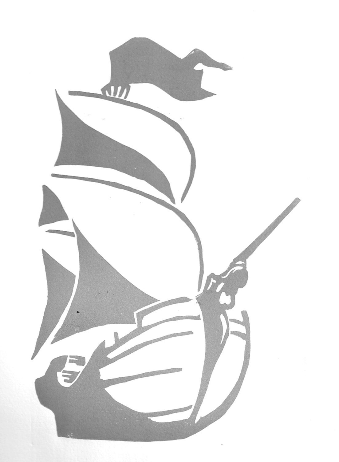 LINOCUT PRINT - Gray Pirate Ship Wall Decor Minimalist   -  9x12