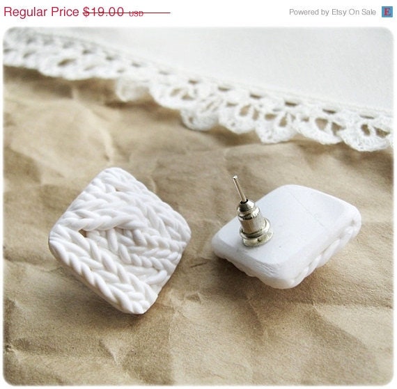ON SALE Post Earrings with imitation knitting  Polymer clay  - Free shipping Etsy - IrenkaR