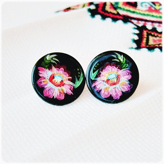 Small round studs post earrings with colorful floral hand-painted