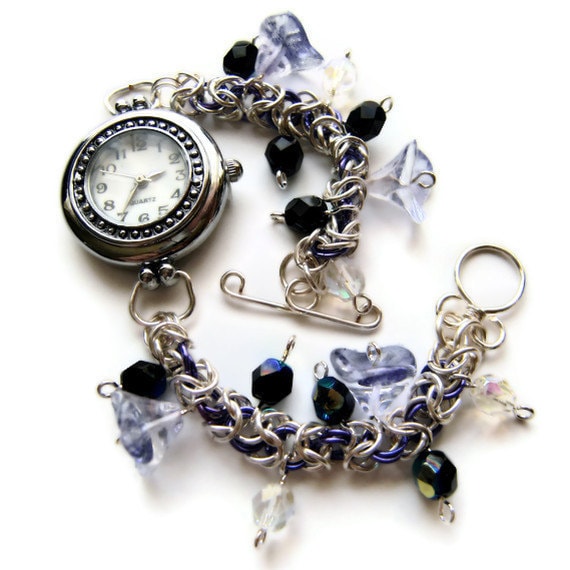 Chainmail and bead dress watch, purple flower petal beads, faceted black and crystal beads