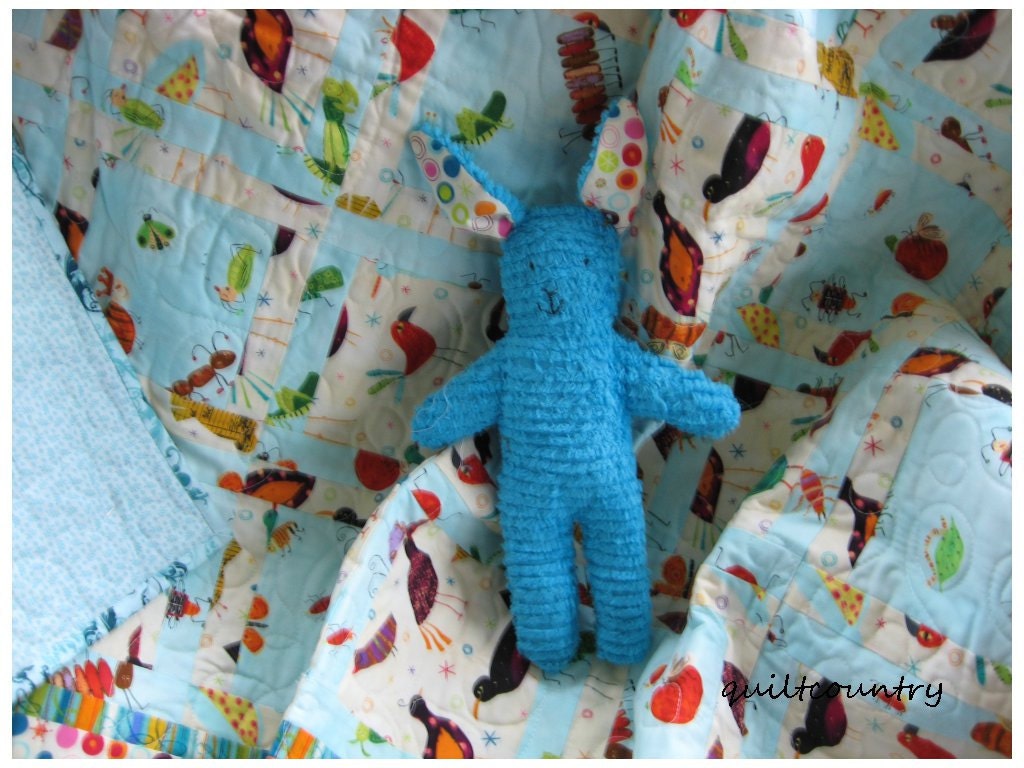Handmade baby boy quilt,  boys crib quilt, toddler blanket, handmade chenille bunny is included, nursery decor