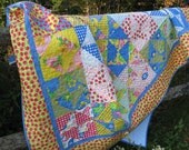 Handmade scrap quilt , colorful lap quilt, large couch throw, picnic quilt, dorm or twin size throw
