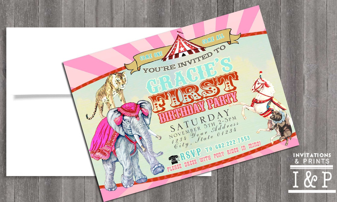 Vintage Circus carnival Baby Girl Birthday or Shower invitation invite DIY print file- PRINTED OPTIONAL