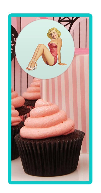 Pin Up Girl cupcake toppers- Bachelorette party, Hens night, Lingerie Shower, Birthday invite diy print file PRINT YOUR OWN