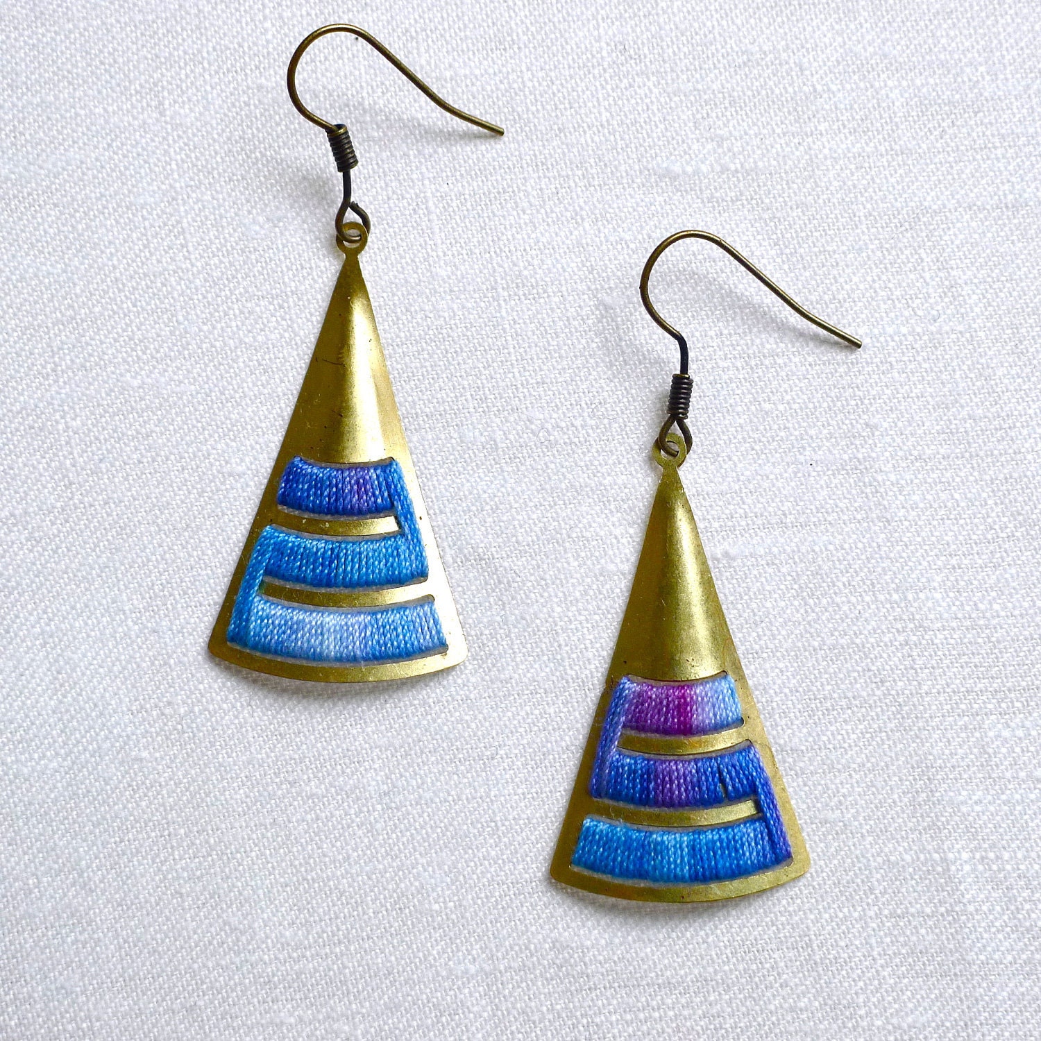 Triangular Earrings - brass and cotton thread