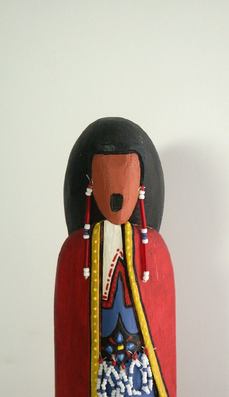 Morning Singer Native American prayer wood faceless doll red OOAK primitive