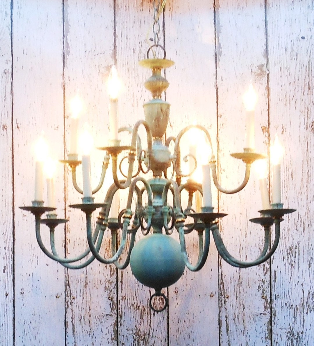 large chandelier / 12 arm / verdigris finish