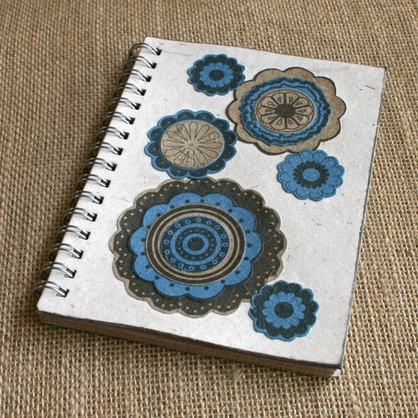 Notebook A6 spiral bound eco friendly funky flowers blue & natural on white