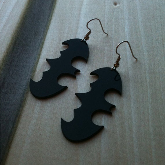 Batman Inspired Earrings, Bat Earrings, Black Acrylic Dangle Earrings