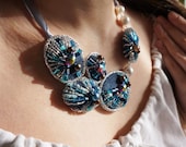Denim Necklace with Bohemian Glass Crystal and Pearls, one of a kind, OOAK