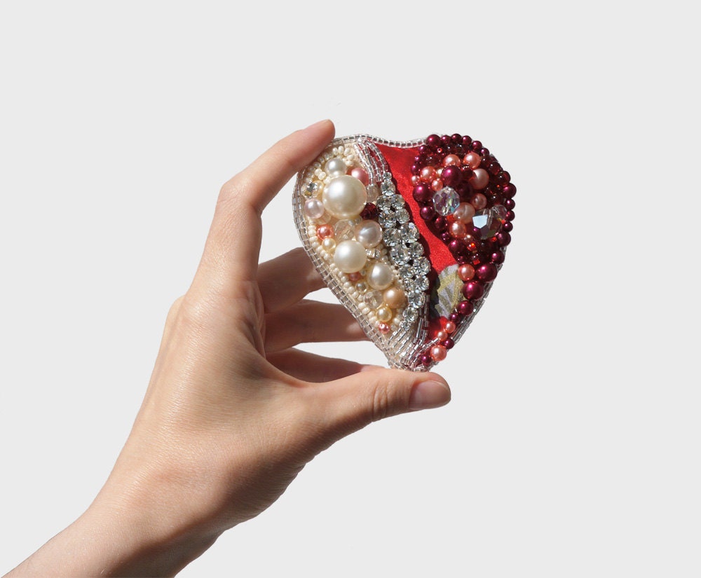 Heart Red Luxe brooch, Bride, Brides Maid, one of a kind, OOAK, Silk, pearl and bohemian glass accents. Wedding and Bridal Jewelry.