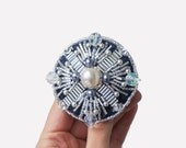 Romantic style Denim Brooch, Flower to wear, Flower in hair, pearl and bohemian glass, one of a kind, OOAK
