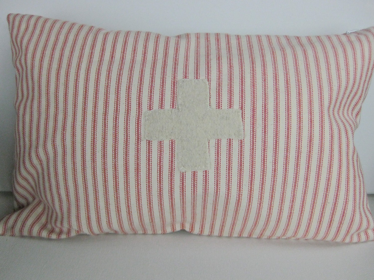 Beautiful Decorative Vintage Looking Swiss Cross Pillow - Cotton Red Ticking & Wool