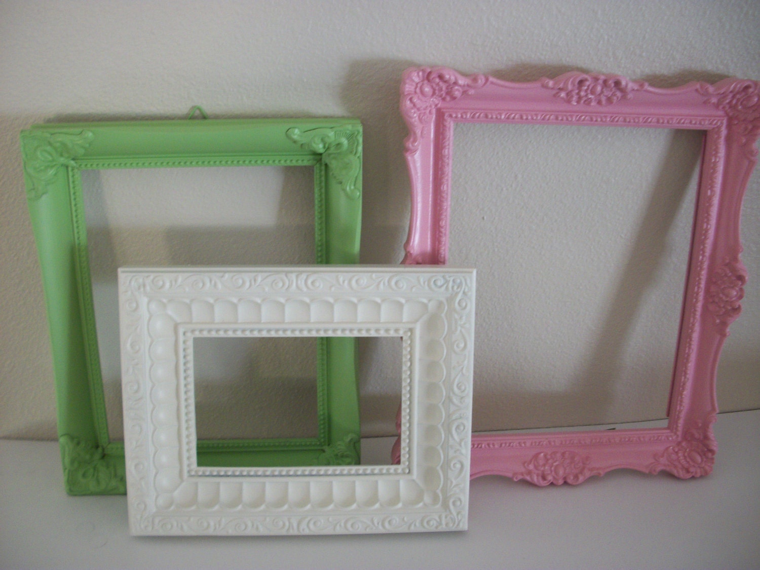 3 upcycled picture frames pink white green shabby chic girl's room