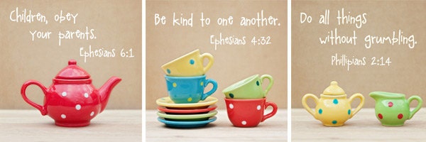 Set of 3 8"x8", Little Girls, Tea Set, Bright, Fresh, Scripture Fine Art Prints