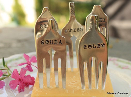 Antique CHEESE MARKER Forks - 5 Vintage Silverplate Forks Made for Cheese ID - Bleu, Brie, Colby, Gouda & Swiss - Adorable Gift