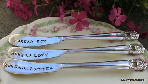 VINTAGE Silverplate Spreader, ETERNALLY YOURS 1941, Silverware Butter Spreader, Hand Stamped with  Spread Love, Joy and Butter - Lovely Gift