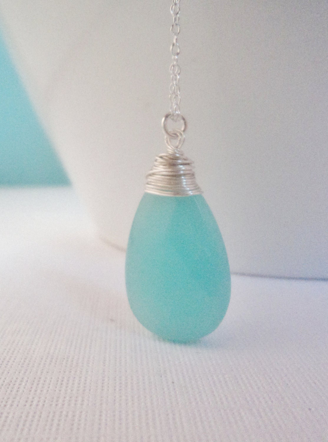 Aqua Blue Faceted Glass Necklace, March Birthstone, Sterling Silver Wire Wrapped Teardrop Briolette, Mothers Day Gift Present