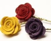 Felt Flower Bobby Pin Set: Mustard, Brick Red and Purple Felt Roses Set of 3
