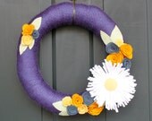 Spring Wreath, 14" Yarn Wreath with Giant Felt Daisy and Roses