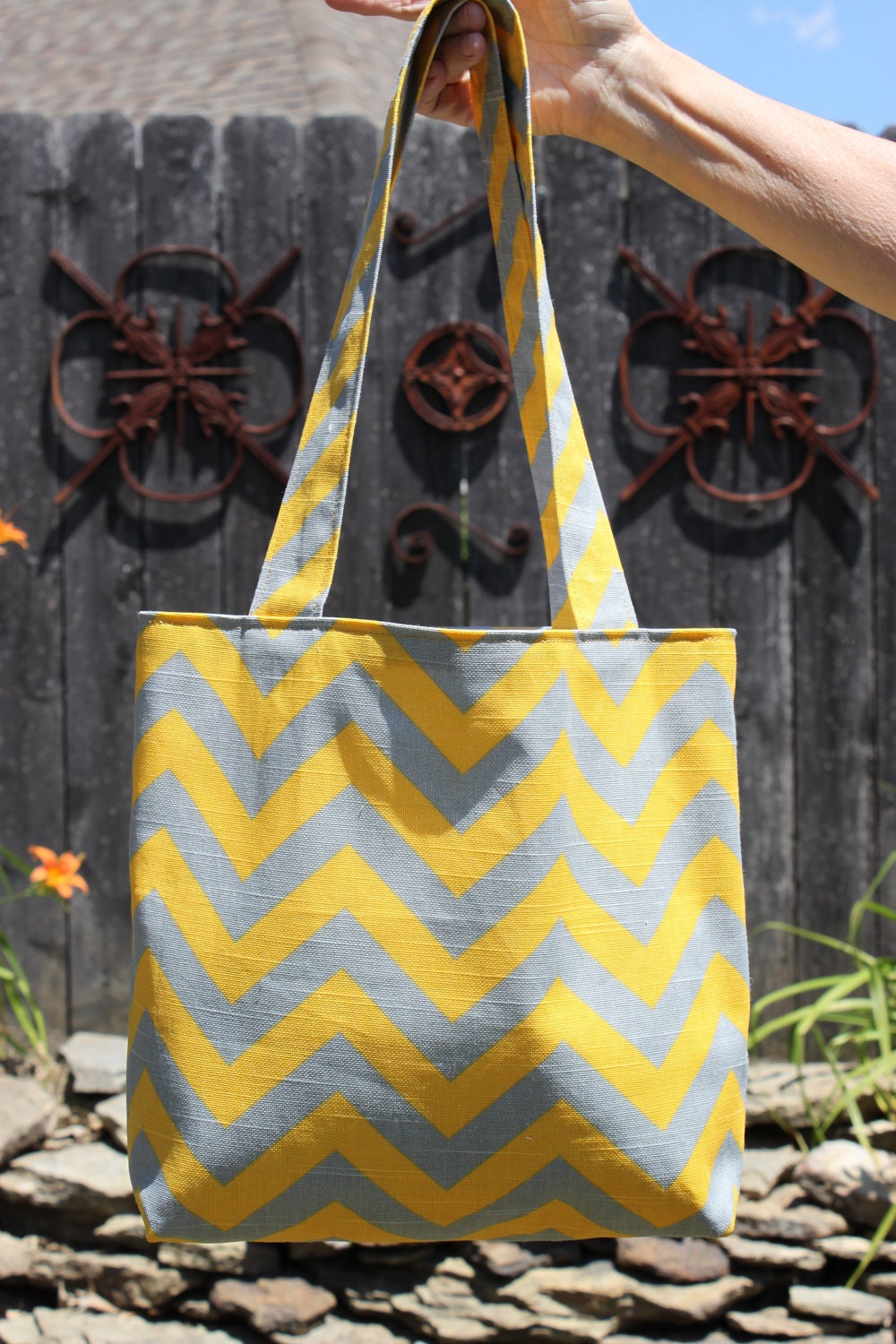 SMALL yellow and gray CHEVRON stripe zigzag Handbag/ Diaper Bag/ Purse/ Tote/ Beach Bag