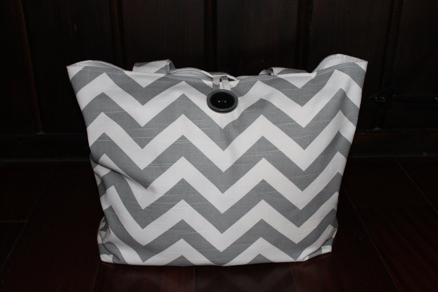 BEAUTIFUL ash gray and white chevron stripe diaper bag/purse with button closure- X-Large