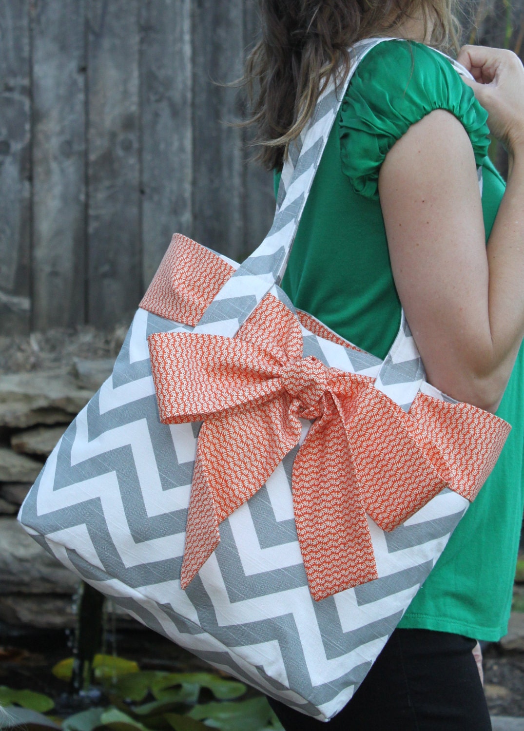 X-LARGE gray and white CHEVRON stripe zigzag Handbag/ Diaper Bag/ Purse/ Tote/ Beach Bag with Orange Bow/Sash