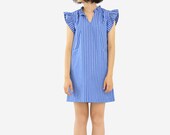 OurLittleDaisy: Blue White Stripe Simple Cotton V Collar Dress - OurLittleDaisy