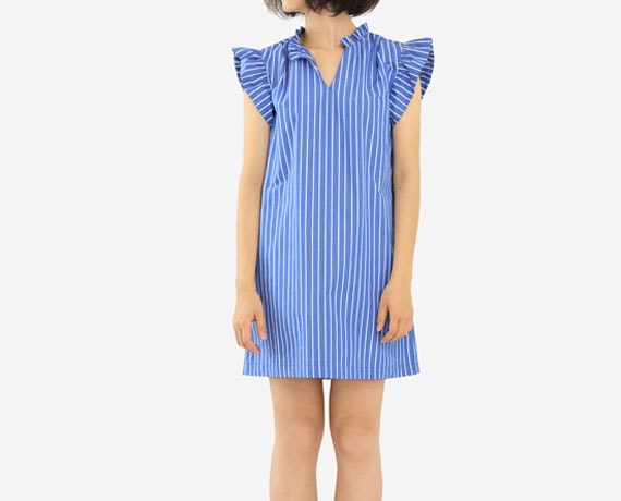 Blue White Stripe Dress Simple Dress Cotton Dress V Collar Dress