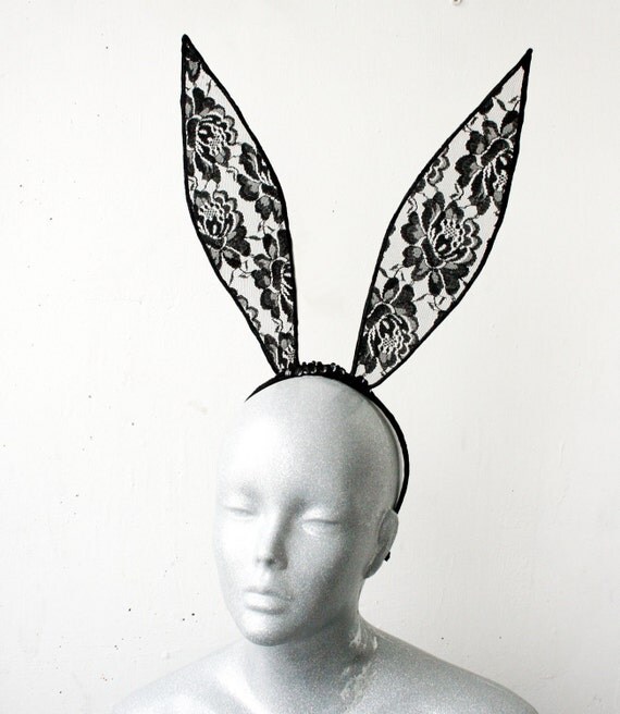 Black lace bunny ears headband - Made to Order