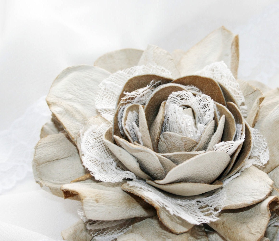 Beige Vintage style Leather Rose Flower Brooch