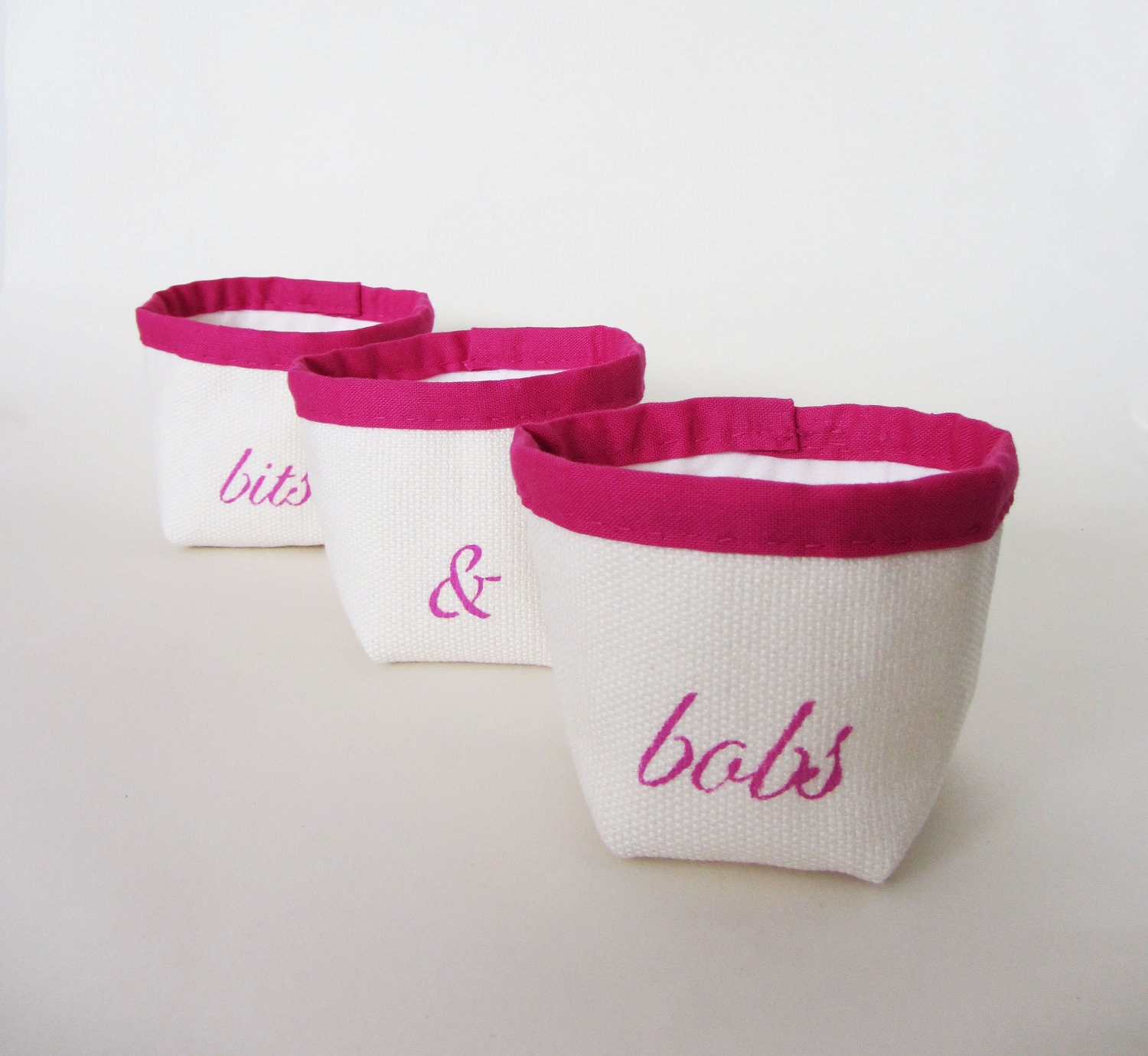 Set of three 'bits and bobs' mini natural canvas boxes with pink trimming - small storage, craft supplies storage, small toys storage