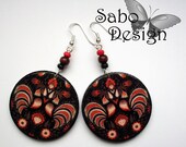 Polish Folk earrings, decoupaged in black, sienna, brown, sepia, colorful birds flowers, rooster, perfect gift