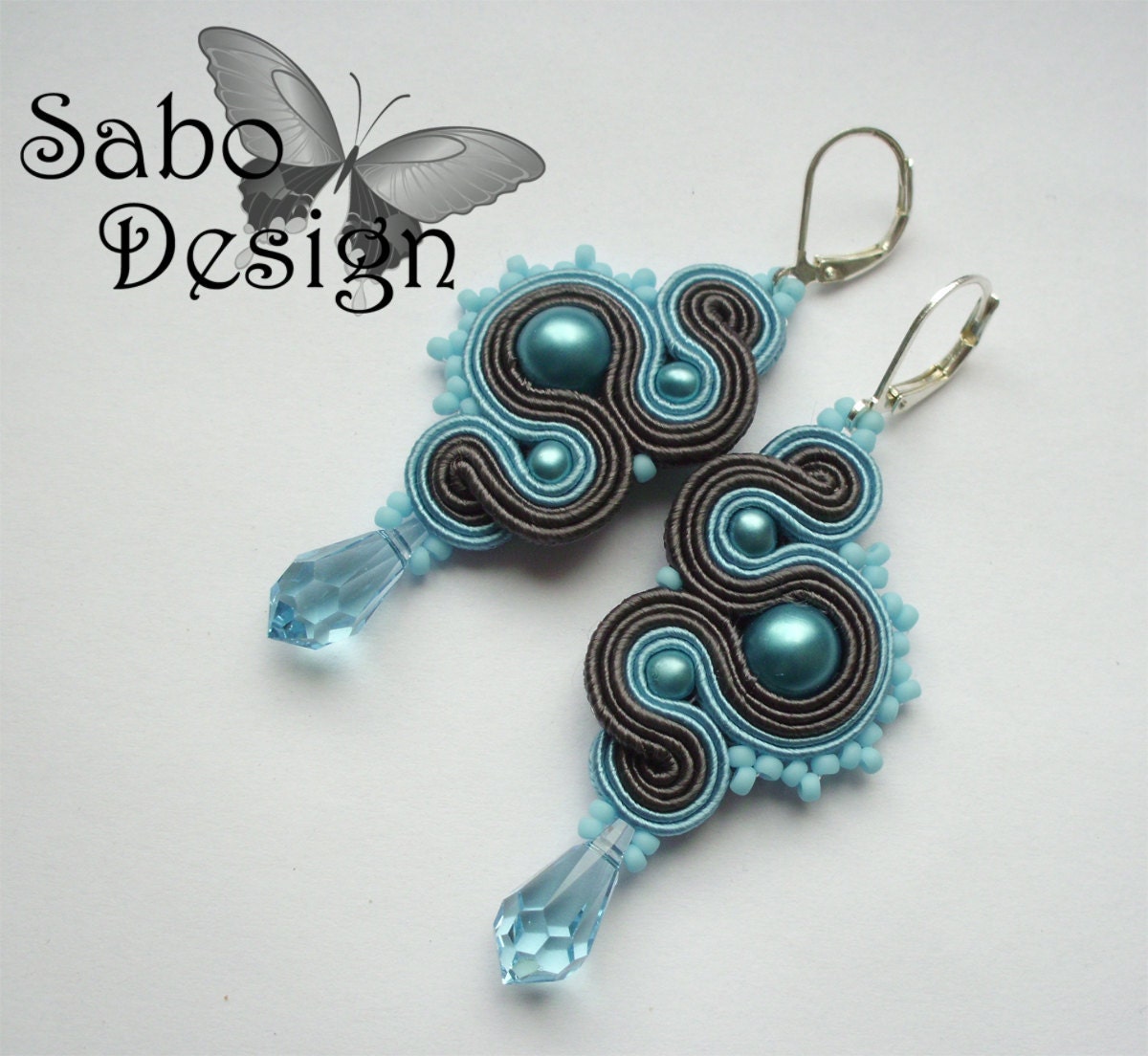 Blue Dragons - soutache earrings, handmade, embroidered in light blue and dark gray satin strips, TOHO, Swarovski crystals, oaak.