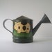 Vintage Metal Watering Can, Folk Art Pig Motif, Hand Painted Dark Green with Black, Pink, Cream and Lighter Greens