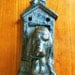 Architectural Vintage 1910-1920's Cast Iron Antique Victorian Figural Hound Dog Door Knocker in Dog House with Kitty and Bird