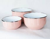 Reserved for Mike: Vintage Pink Enamelware Nesting Bowls, Dusty Pink, White, Metal, Kitchenware, Serving, Housewares, Set