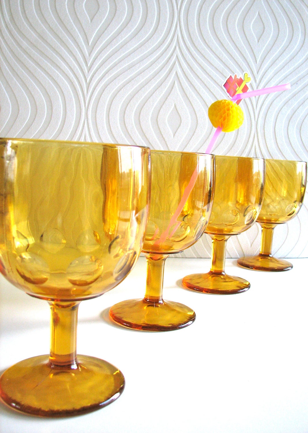 Set of 4 Vintage Goblets in Amber Colored glass