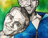 Custom Geometric Couples & Group Portrait - Original Watercolor and Ink