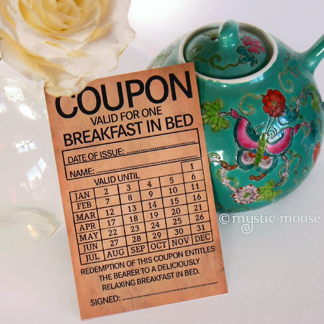 Breakfast in Bed IOU Vintage Style Coupon