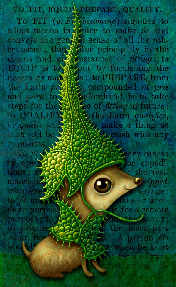 Come Try My Helmet On-- signed archival art print of small cute furry creature with scaly green armor - Curious Art