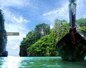 Thailand Longtail Boat in Ocean Photograph, Colorful Blue Thai Water, Southeast Asia - 11x14" Fine Art Photo Print