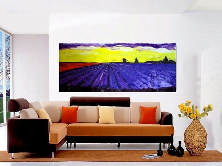 Landscape Painting - Acrylic Original Painting - Lavender Field - Wall Decor - Sunset - Purple Yellow - Cypress Tree - 24x48