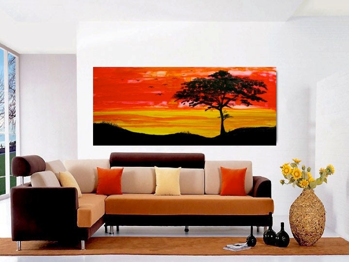 Kenya Painting - Landscape Painting - Abstract Art - Tree Silhouette - Sunset Painting - Acacia Tree - 24x48