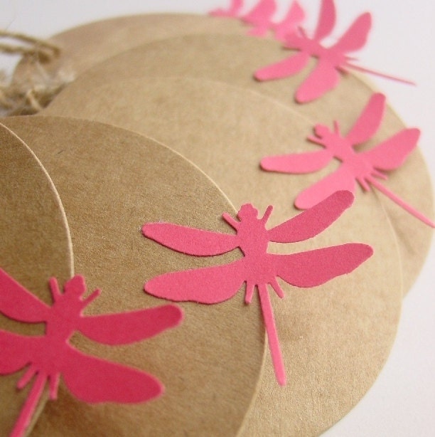 Kraft Tags with Pink Dragonfly (Set of 6)