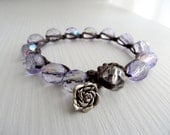 Czech glass beads, crochet bracelet, for servants, lila , silver flowers, spring, 2012, Boho, bohemian, chic, shabby, beach rose bracelet