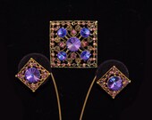 FREE SHIPPING Summer Wedding 1940s Juliana  Rivoli  Vintage Hollywood Pardure  Purple Rhinestone Brooch Pin  Colors earring set Christmas  