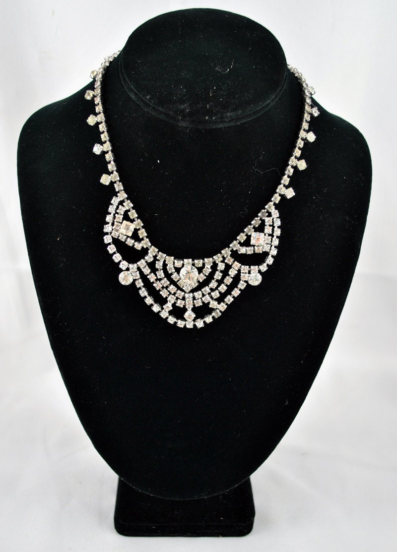 FREE SHIPPING 1950's 1950s Marilyn Party Sparkle Clear Rhinestone Choker Bib Old Hollywood Glamour Vintage Fashion Jewelry
