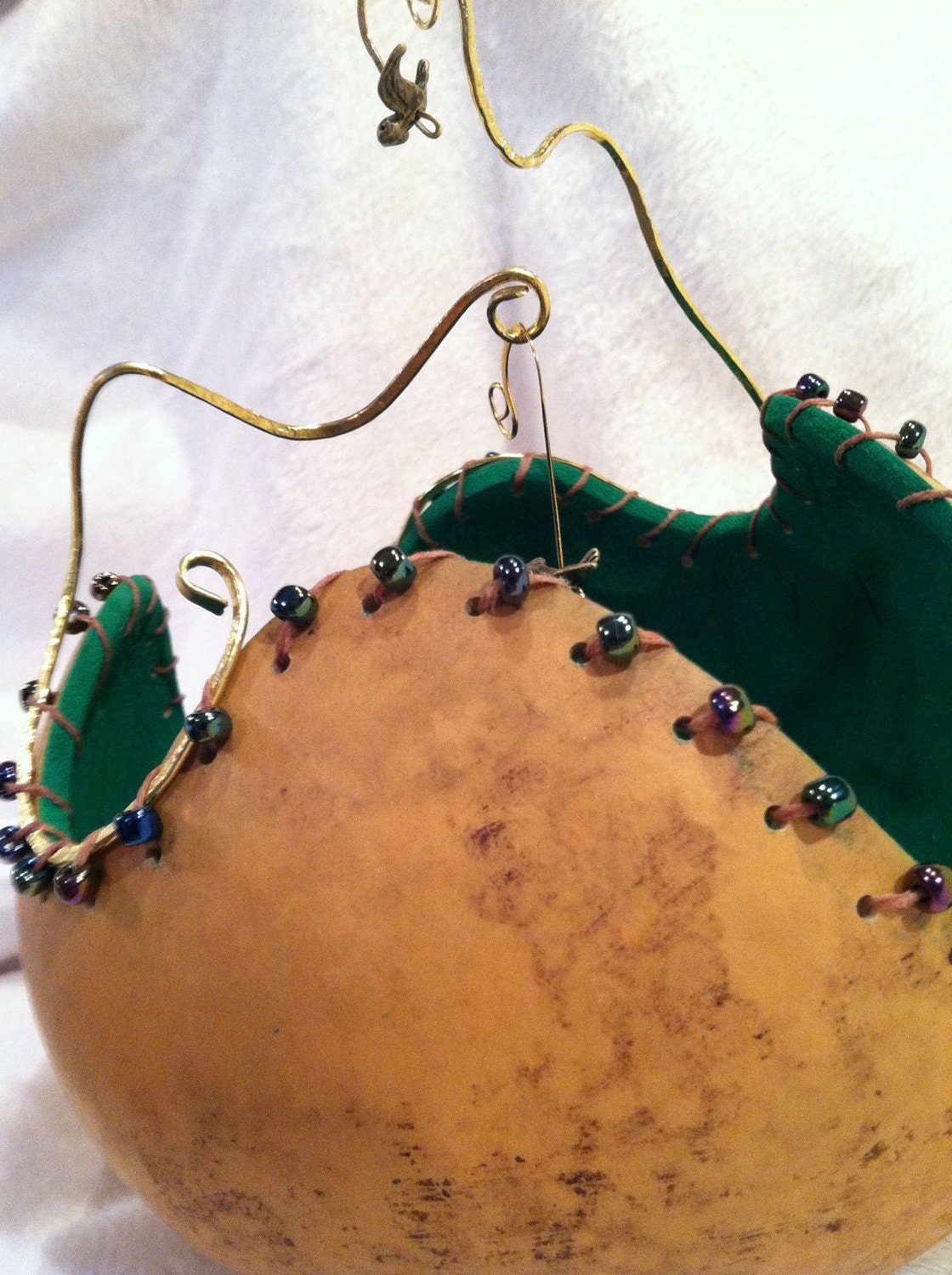 Whimsical Art Gourd with Hand Hammered Copper and Swallows