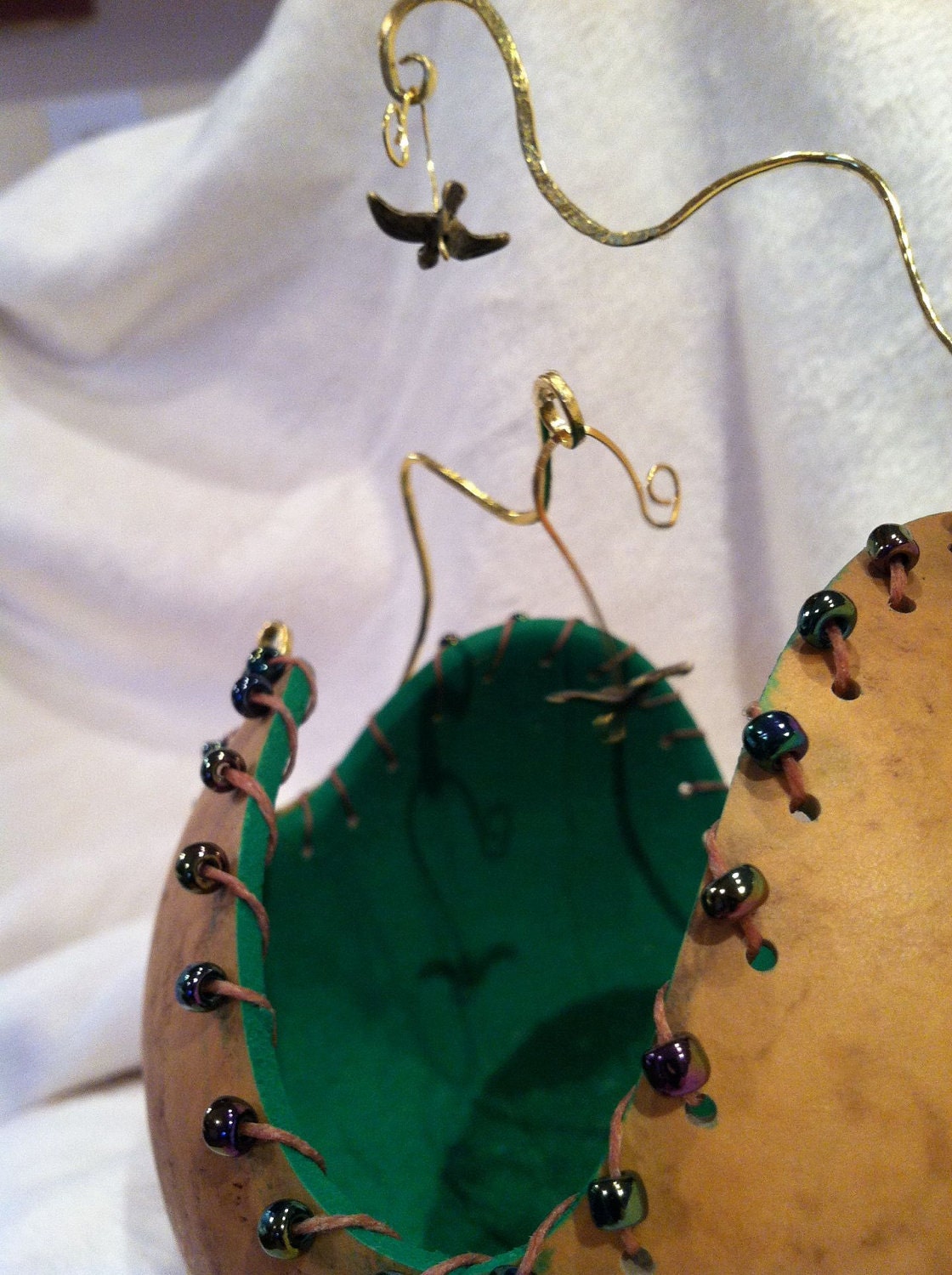 Whimsical Art Gourd with Hand Hammered Copper and Swallows